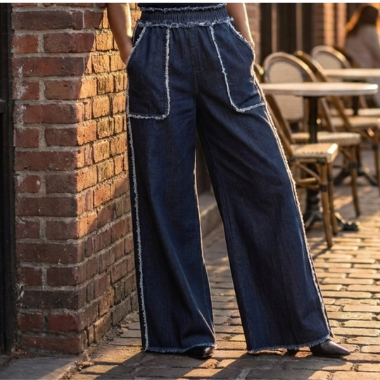 Raw Edge Wide Leg Denim Pants – Structured Pull-On Style