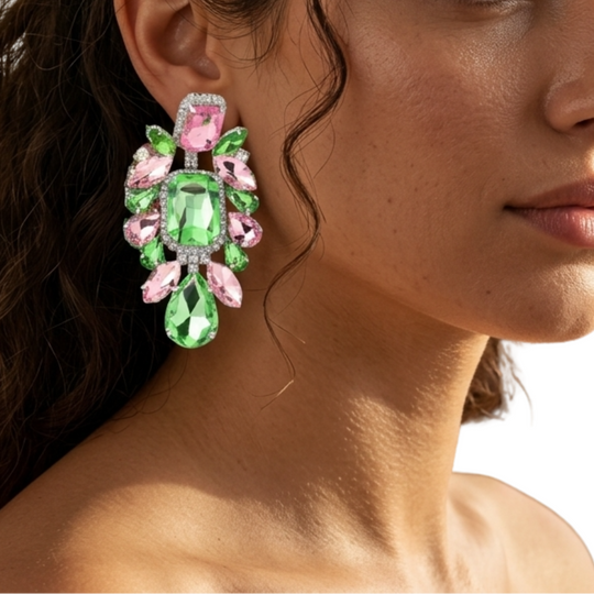 Rosa und Grüne Kristall-Tropfen-Pave Clip-Ohrringe