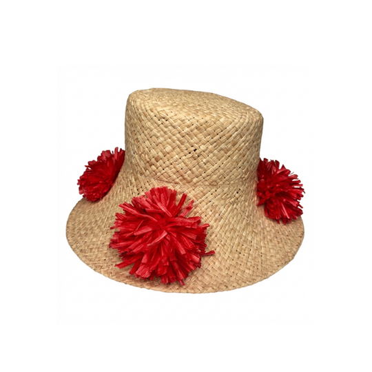 Natural Straw Hat with Red Pom Pom Detail