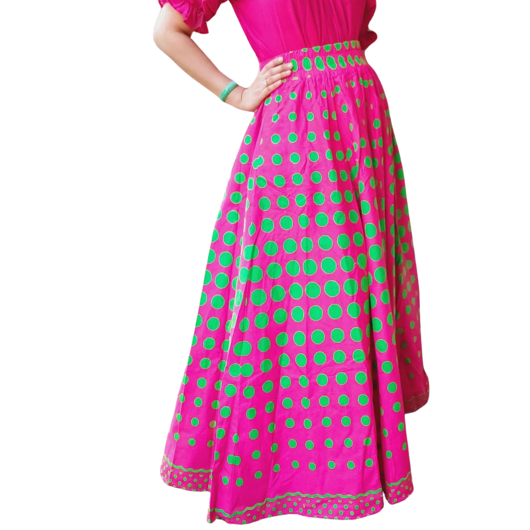 Long Flared Maxi Skirt- Pink-Green Polka Dots