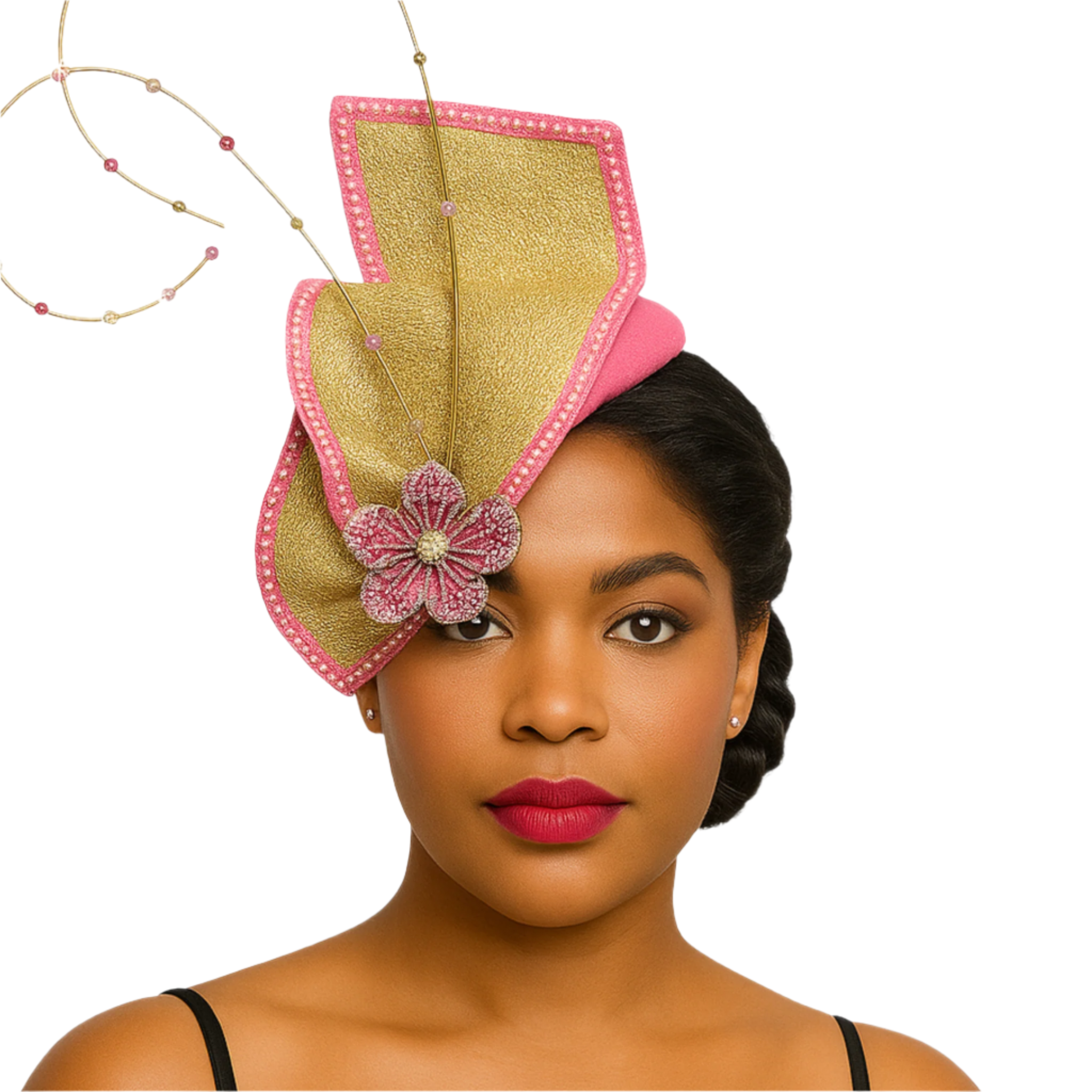 Fuchsia fascinator by Whittall & Shon with teardrop base, gold trim, curled quills, and floral crystal accents on model
