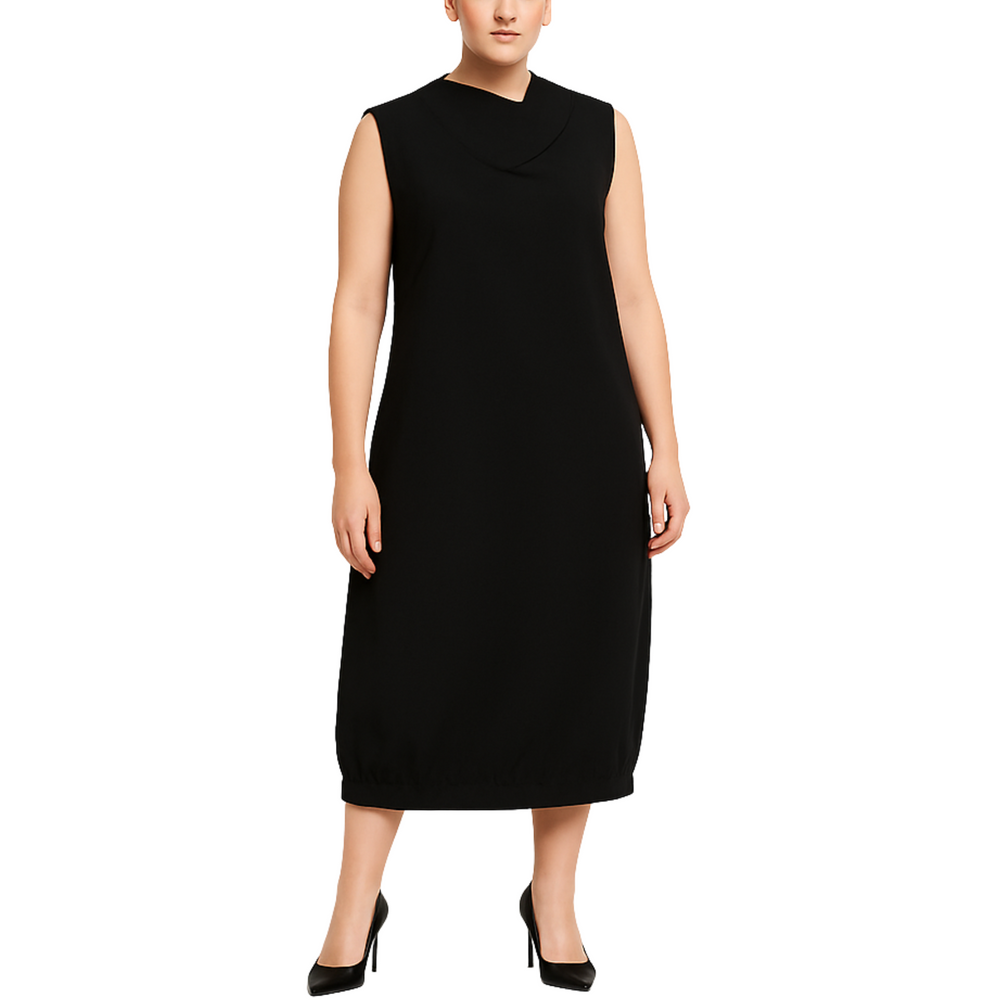 Tall model wearing a black sleeveless midi dress with a cowl neckline and balloon hem, paired with black heels against a white background.