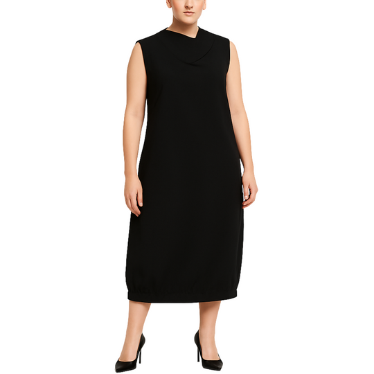 Tall model wearing a black sleeveless midi dress with a cowl neckline and balloon hem, paired with black heels against a white background.