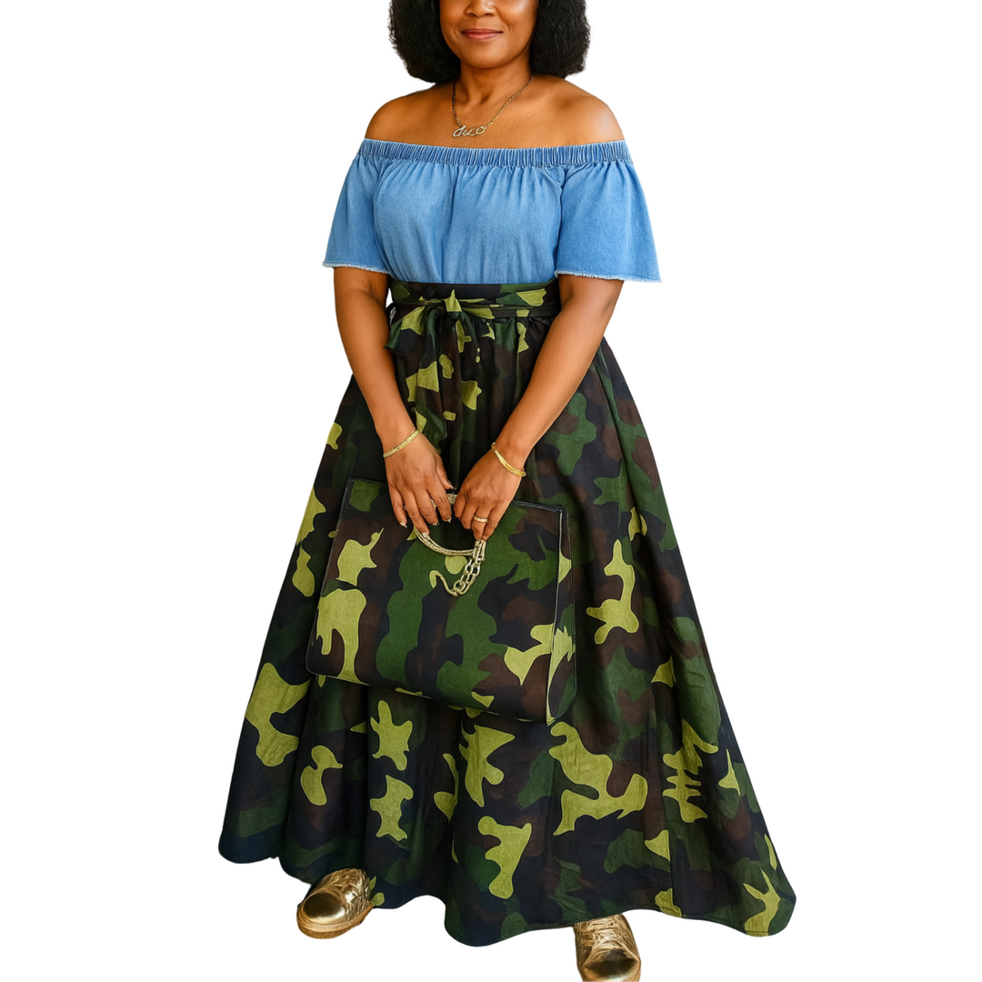 Woman wearing a blue off-shoulder top and camouflage skirt on a white background