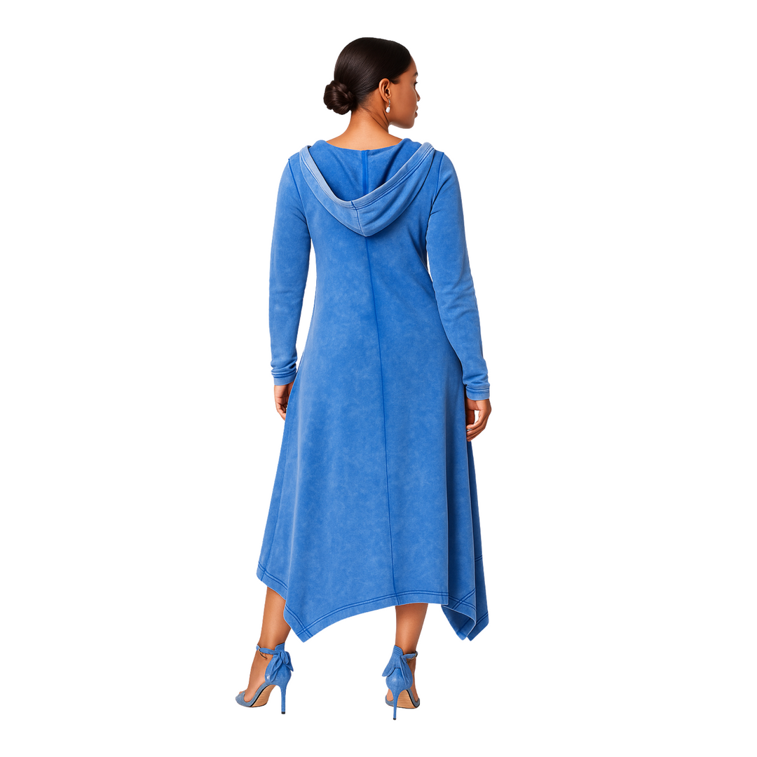 Deep Blue Hooded Midi Dress with Asymmetrical Hem & Pockets