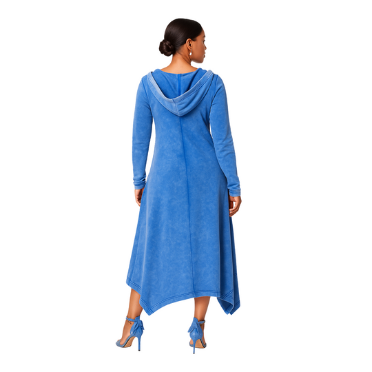 Deep Blue Hooded Midi Dress with Asymmetrical Hem & Pockets