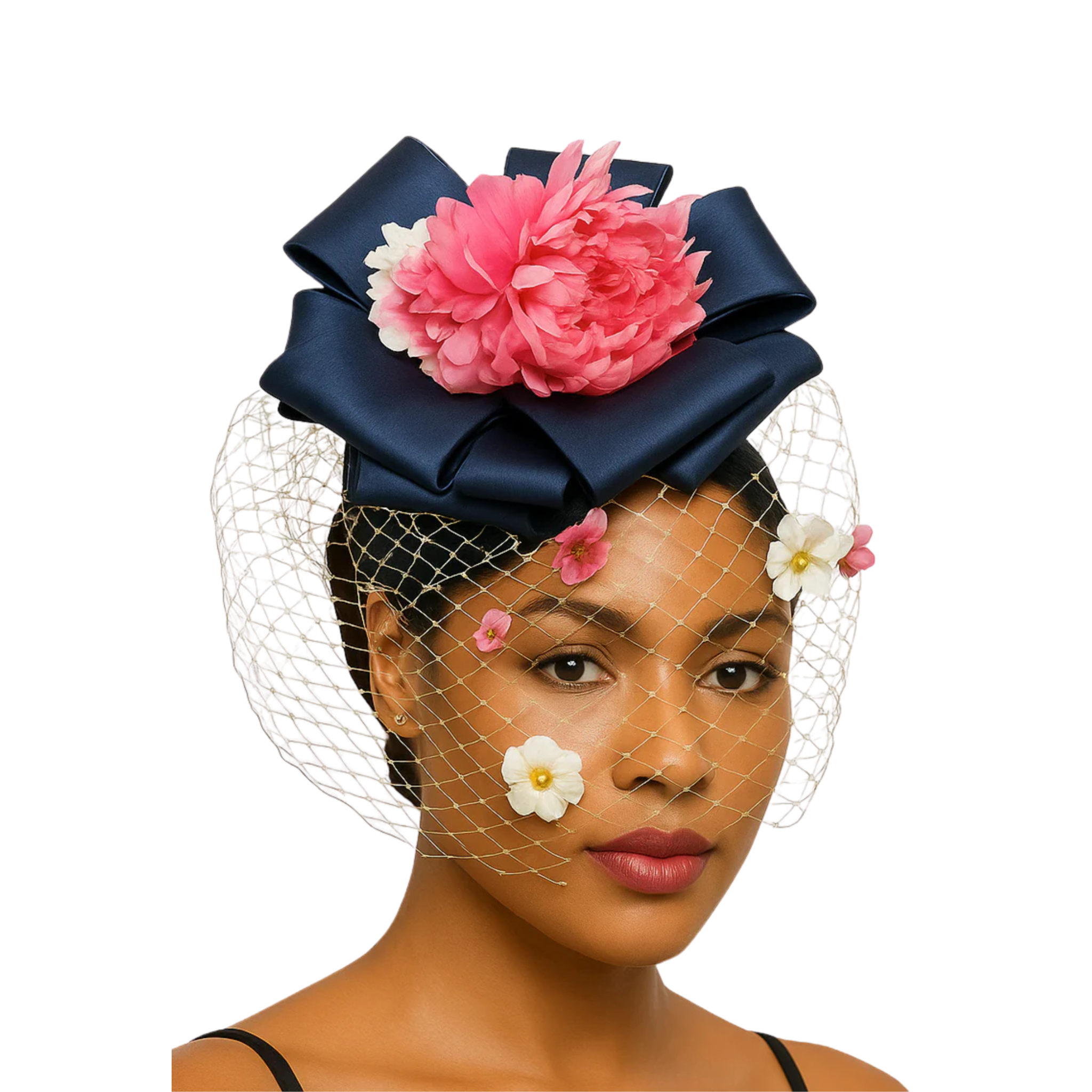 Woman wearing a decorative headpiece with a large navy bow and pink flower on a white background