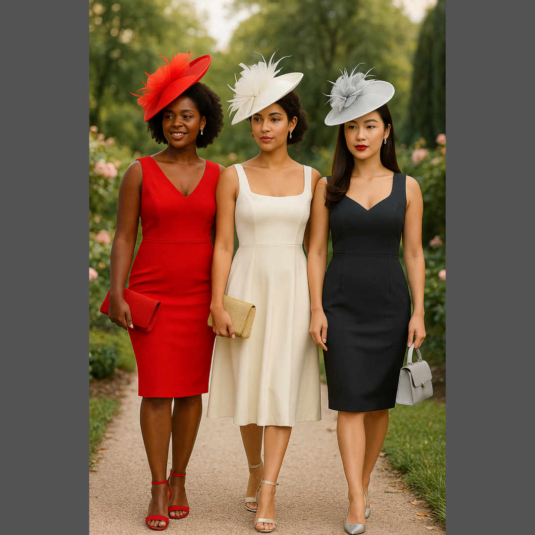 Three women in formal dresses and hats walking outdoors with a garden background.
