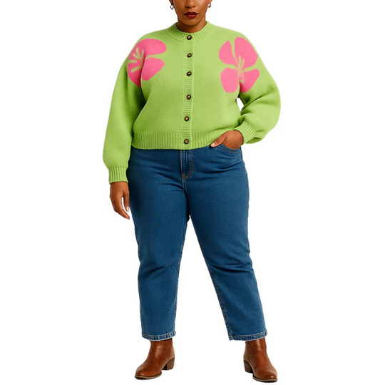 Plus Size Green & Pink Smile Daisy Cropped Cardigan Sweater