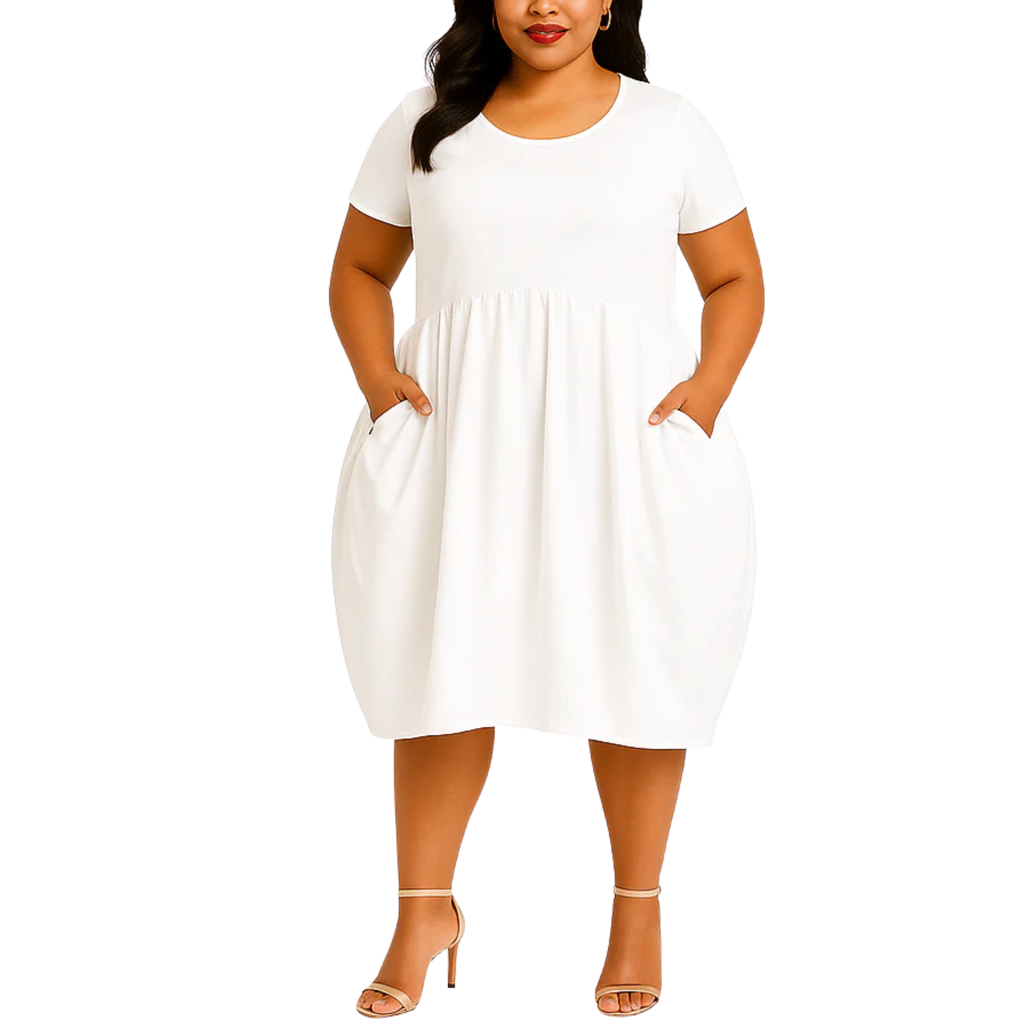 Woman wearing a white dress on a white background