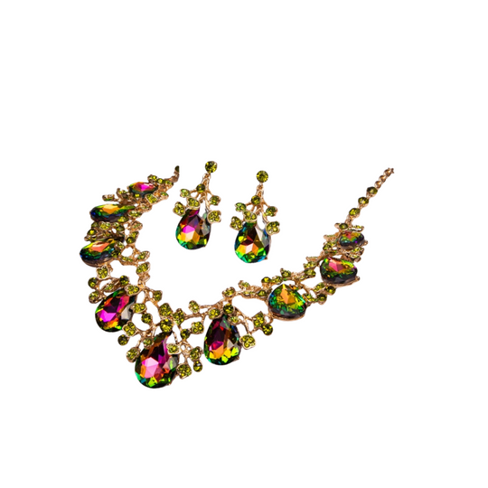 Rhinestone Embellished Teardrop Cut Crystal Necklace Set: Rainbow