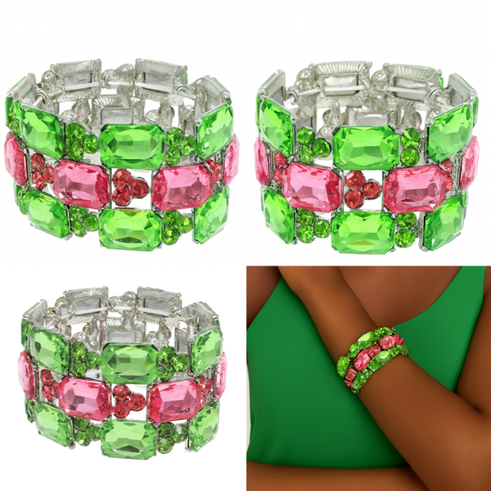 Pink and green rectangular crystal gem cluster bracelet in silver-tone setting, three-row stretch design, photographed on model wearing neutral dress – Le’ Diva Boutique.