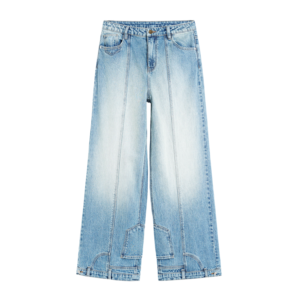 Washed Blue Seamed Wide-Leg Jeans