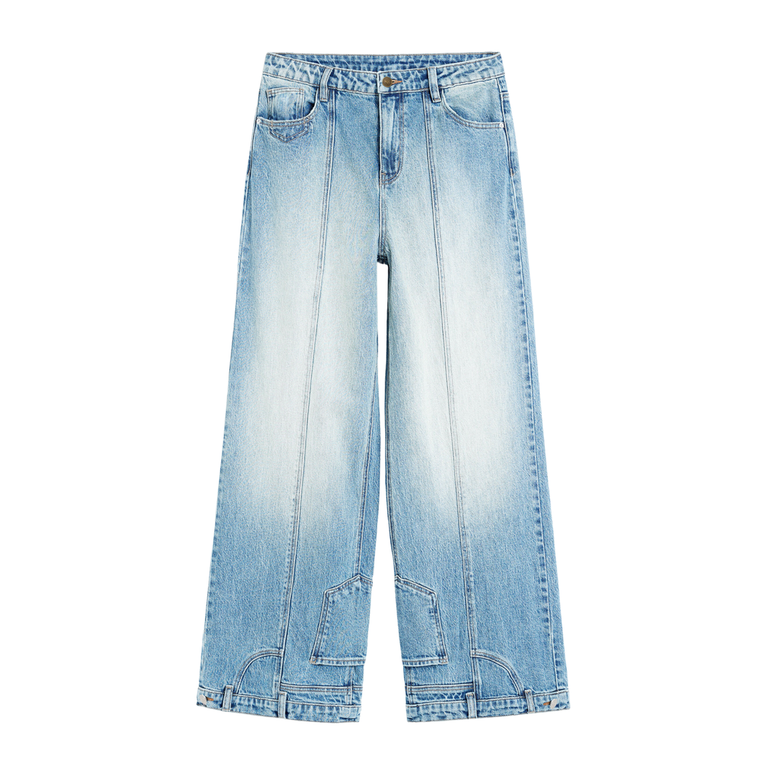 Washed Blue Seamed Wide-Leg Jeans