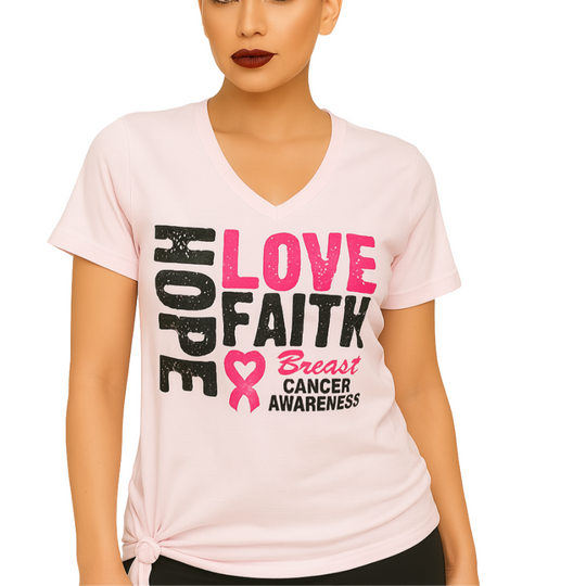 Woman wearing a pink 'Hope Faith Love Breast Cancer Awareness' t-shirt on a white background
