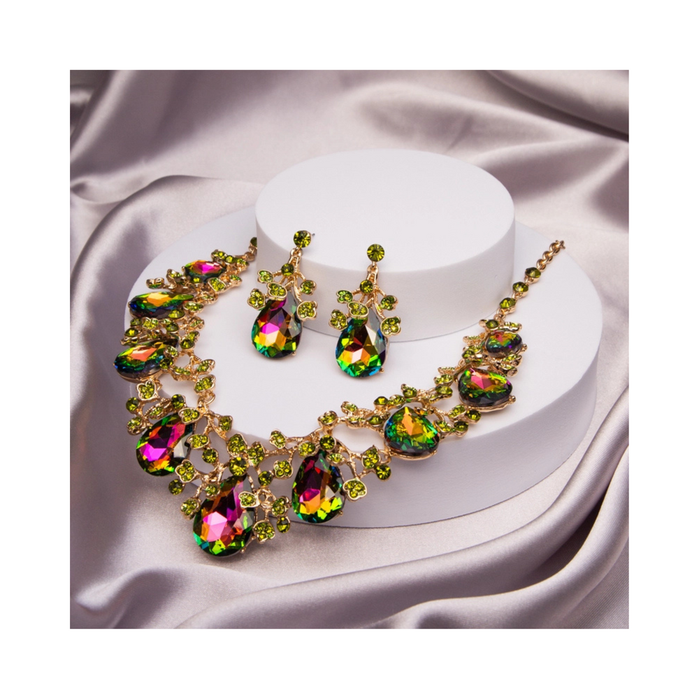 Rhinestone Embellished Teardrop Cut Crystal Necklace Set: Rainbow