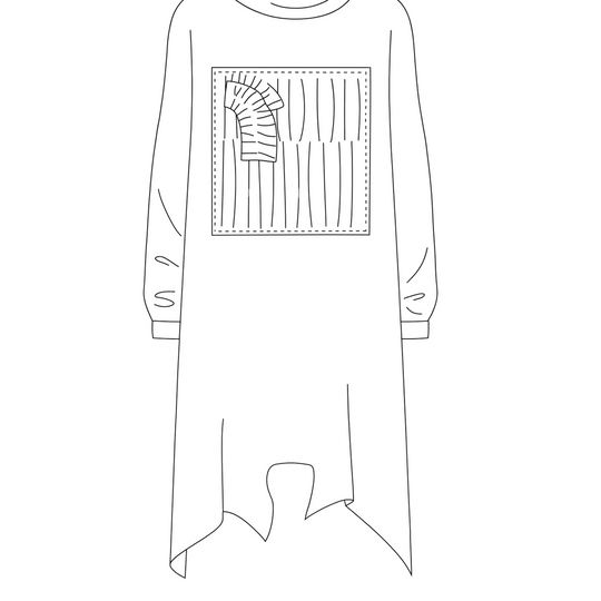 Outline of a long-sleeve shirt with a graphic design on a white background