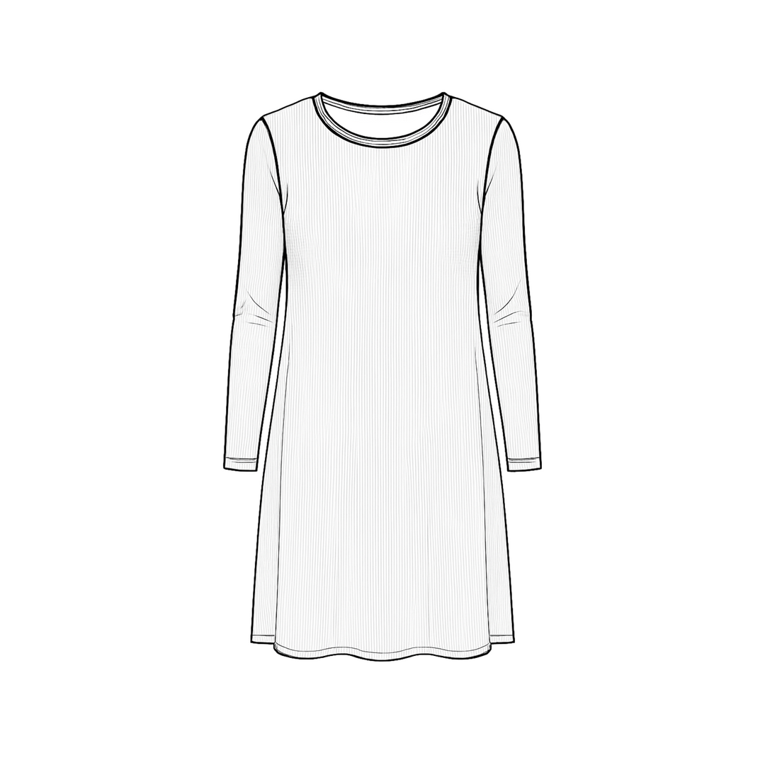 Line drawing of a long-sleeve dress on a white background