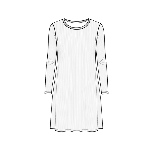 Line drawing of a long-sleeve dress on a white background