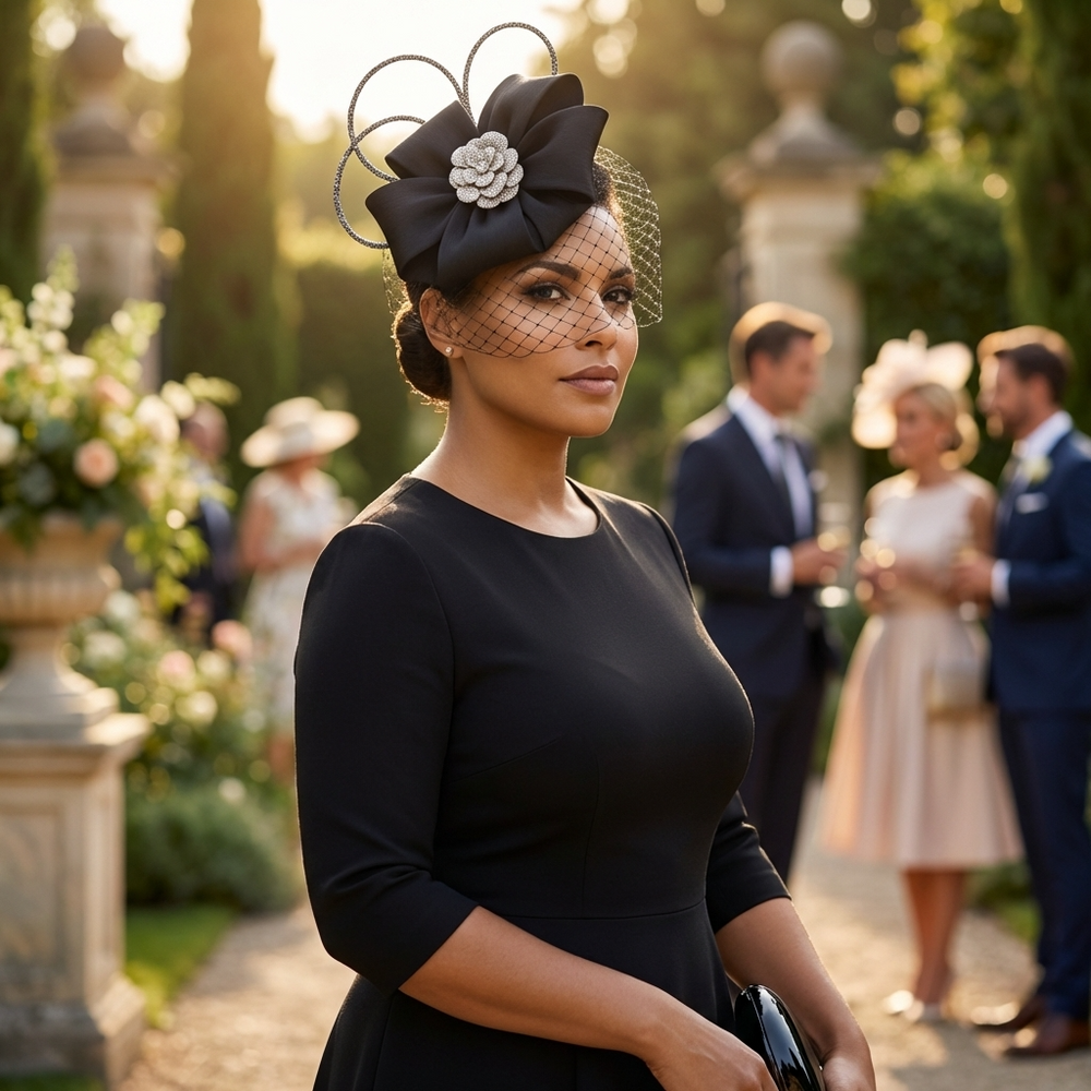Tocado de plumas Midnight Bloom - Tocado de alta costura esculpido negro con velo