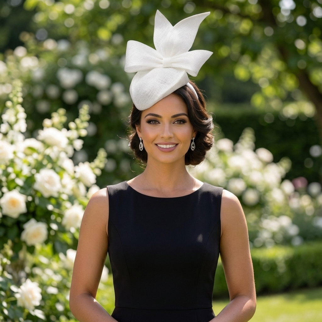 Woman wearing a black dress and white decorative headpiece in a garden setting