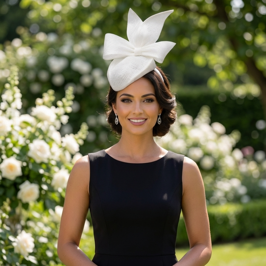 Woman wearing a black dress and white decorative headpiece in a garden setting