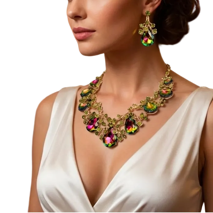 Woman wearing a sparkling necklace and earrings in an elegant indoor setting