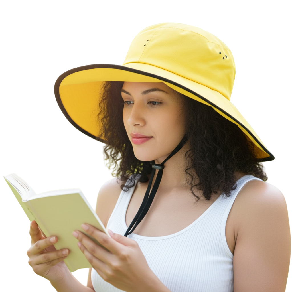 Woman wearing a yellow hat reading a book in a park