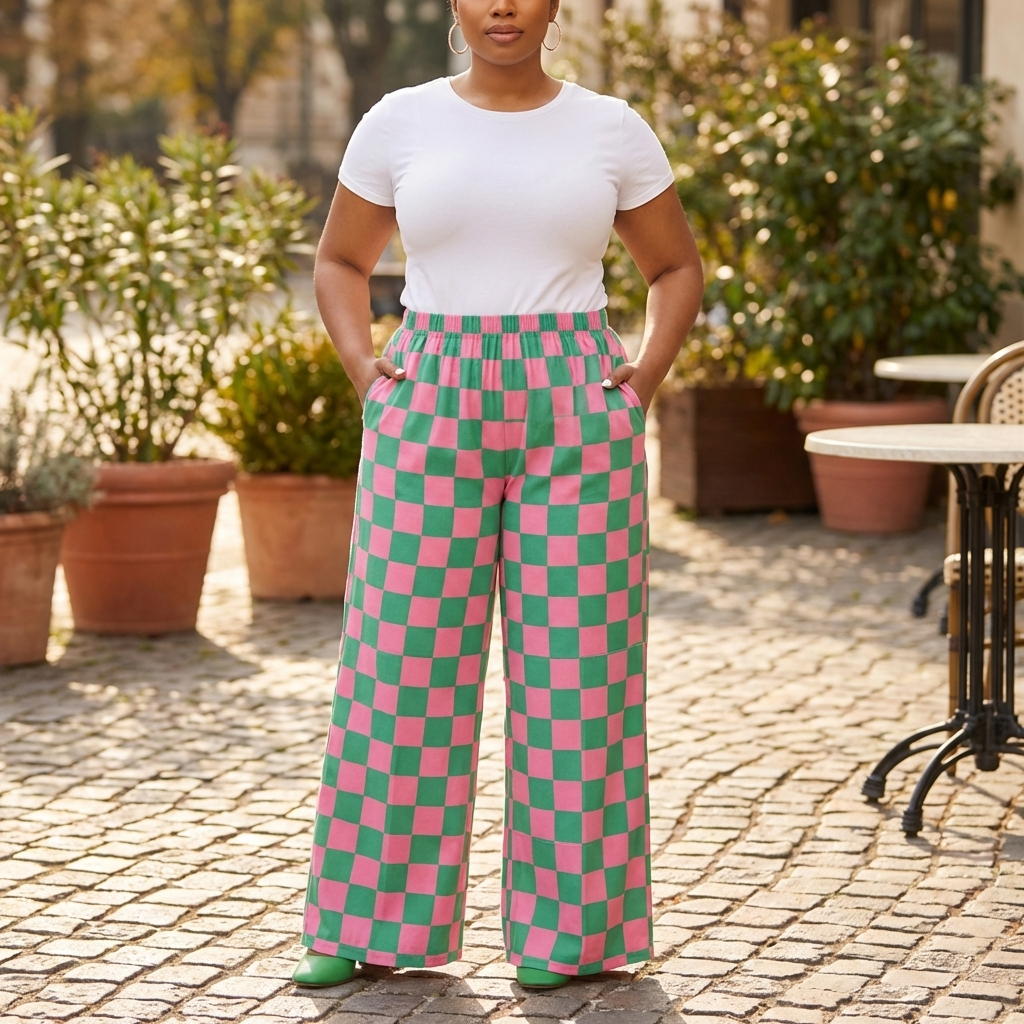 High-Waist Checkered Straight-Leg Knit Pants – Comfort Meets Style