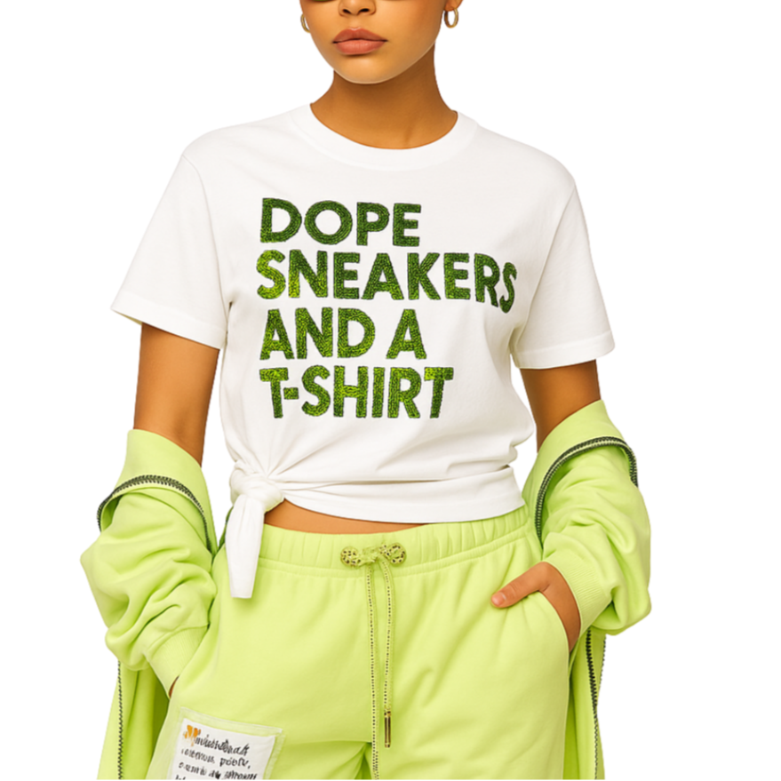 Person wearing a white t-shirt with green text, green gloves, and neon green pants on a white background