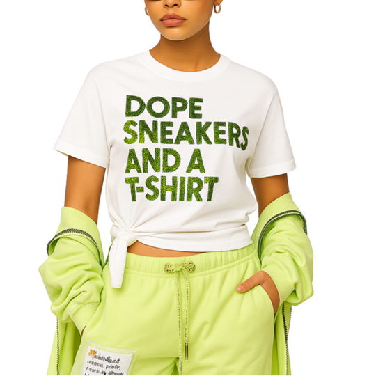 Person wearing a white t-shirt with green text, green gloves, and neon green pants on a white background