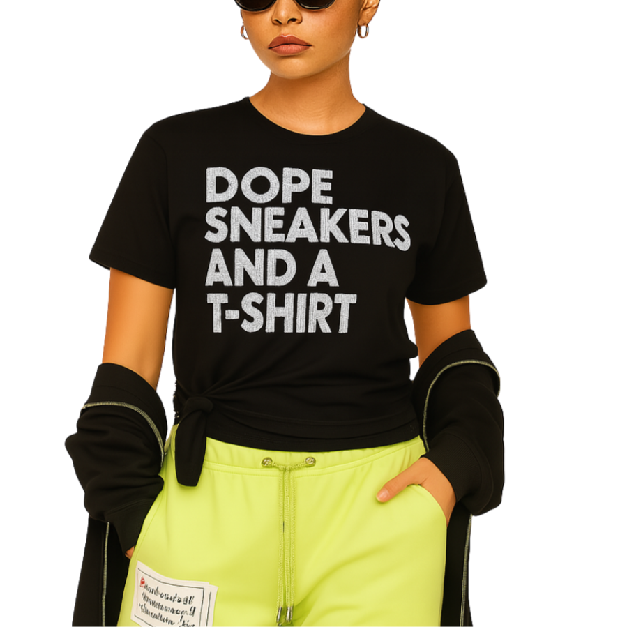 Person wearing a black t-shirt with 'DOPE SNEAKERS AND A T-SHIRT' text, sunglasses, and neon pants on a white background.