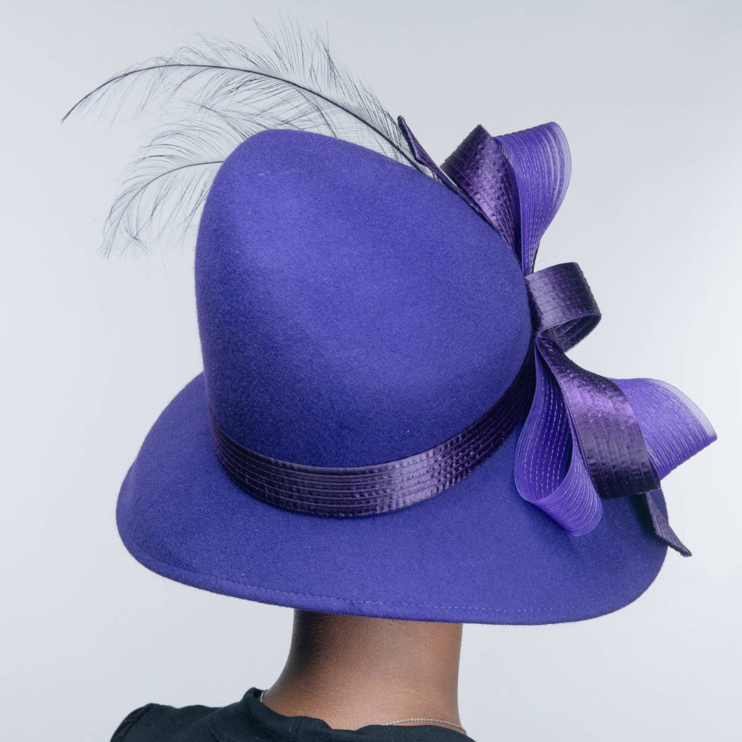 Feather Bow Trim Asymmetric Wool Felt Hat: Royal