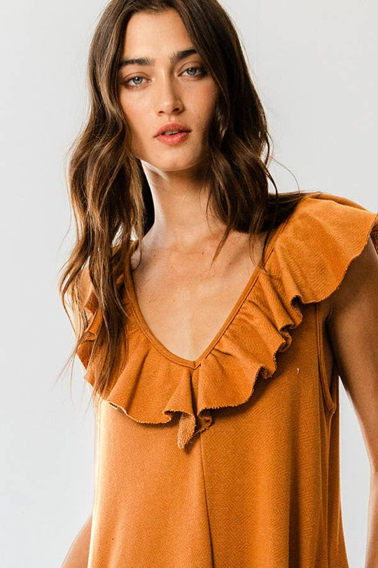Ruffled V-neck Wide Leg Solid French Terry Jumpsuit