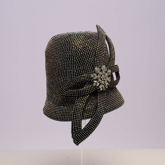 Bell Shape Hat Covered In Rhinestone With Leaf Shape Trim: Black