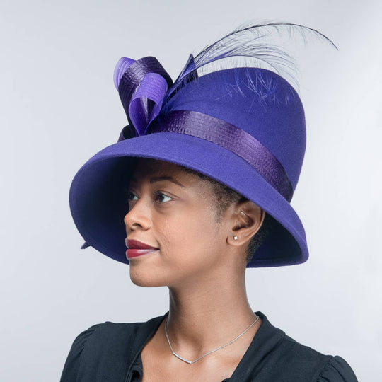 Feather Bow Trim Asymmetric Wool Felt Hat: Royal