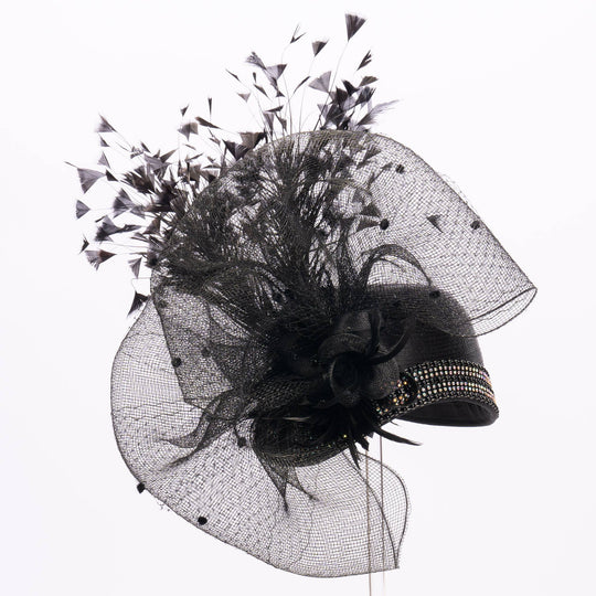 Variety Feather And Puff Crinoline Bow On Satin Cloche Base: Black