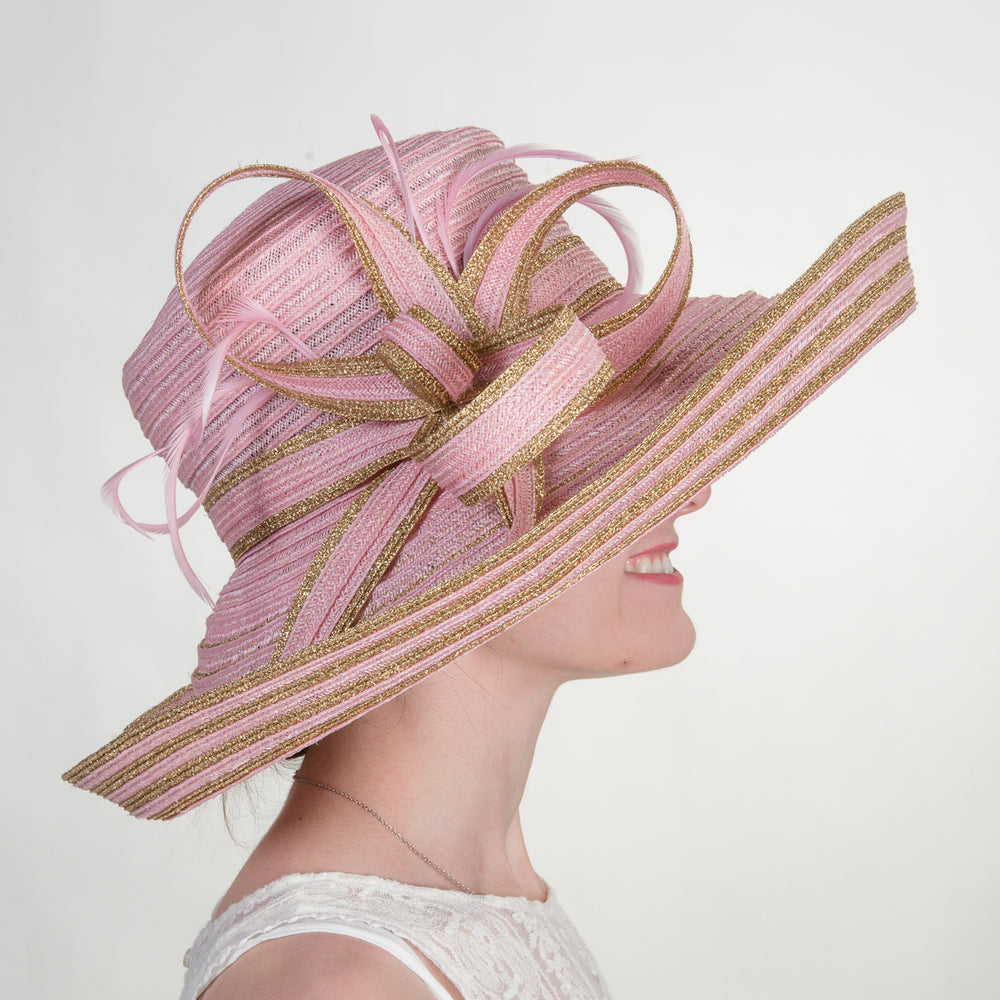 Pink and Gold Wide Brim Hat with Bow Detail