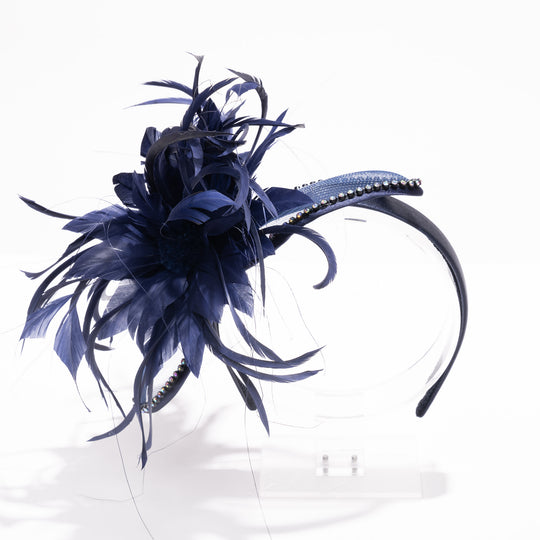 Feather Floral Fascinator Headband with Crinoline Detail - Navy