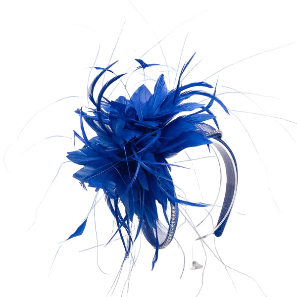 A royal blue feather fascinator headpiece with a matching blue headband and clear acrylic display stand, photographed against a clean white background.