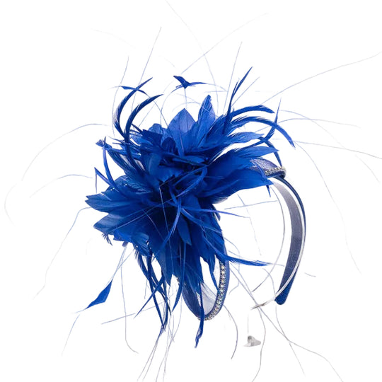 A royal blue feather fascinator headpiece with a matching blue headband and clear acrylic display stand, photographed against a clean white background.