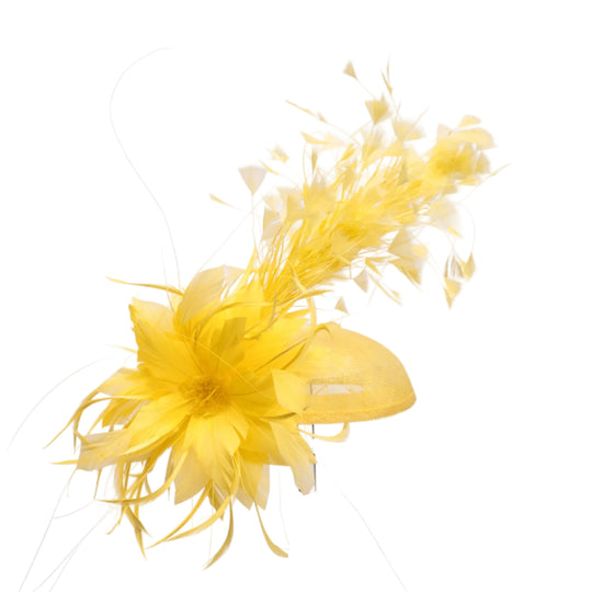 Yellow feathered headpiece on a white background