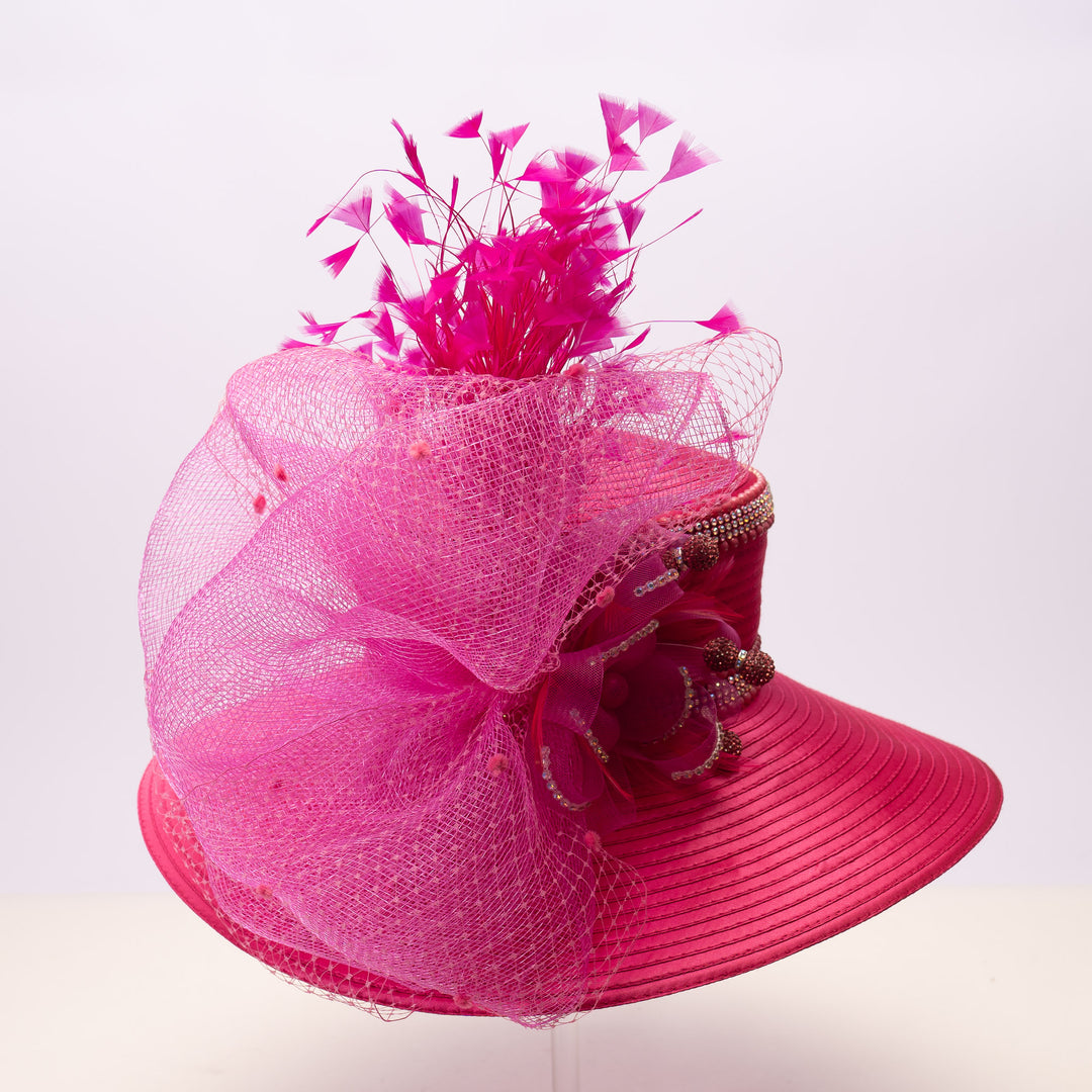 Satin Sailor Hat with Mesh Crinoline Bow - Fuchsia