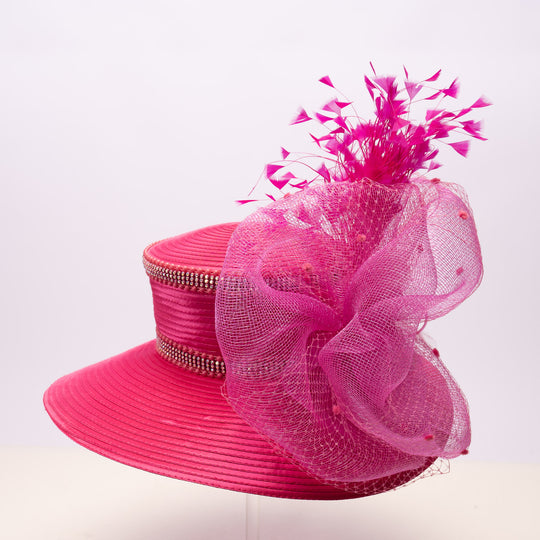 Satin Sailor Hat with Mesh Crinoline Bow - Fuchsia