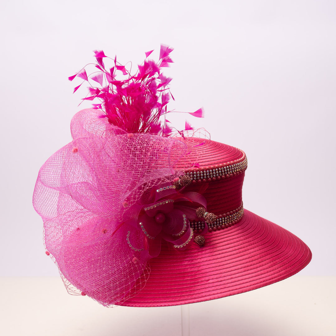 Satin Sailor Hat with Mesh Crinoline Bow - Fuchsia