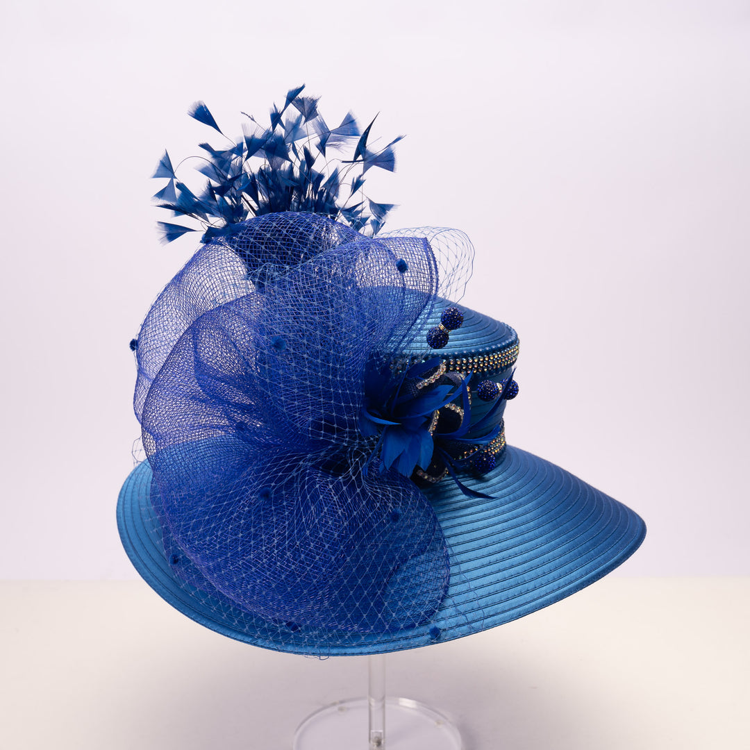 Satin Sailor Hat with Mesh Crinoline Bow - Royal