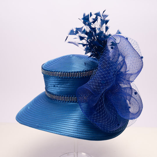 Satin Sailor Hat with Mesh Crinoline Bow - Royal