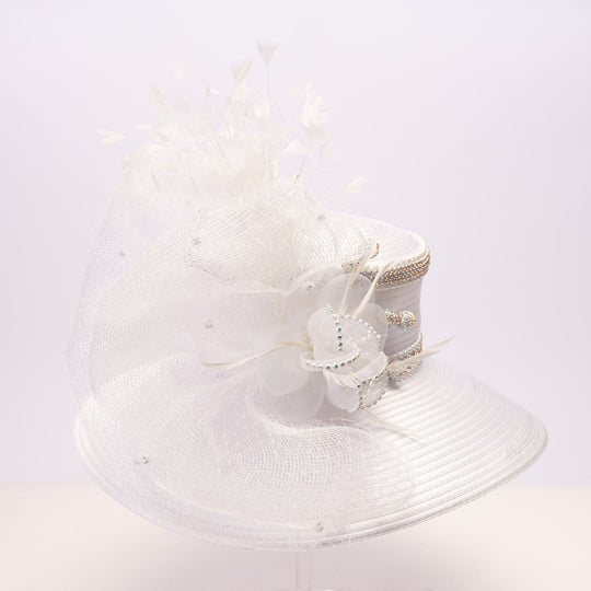 White satin sailor hat with large mesh crinoline bow, crystal accents, rhinestone band, and wide brim