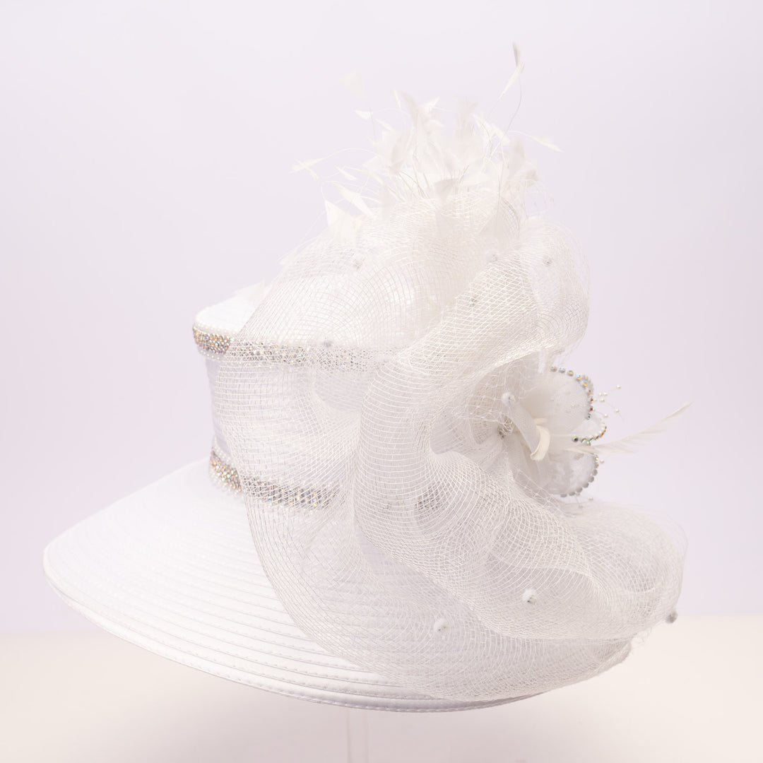 White satin sailor hat with large mesh crinoline bow, crystal accents, rhinestone band, and wide brim