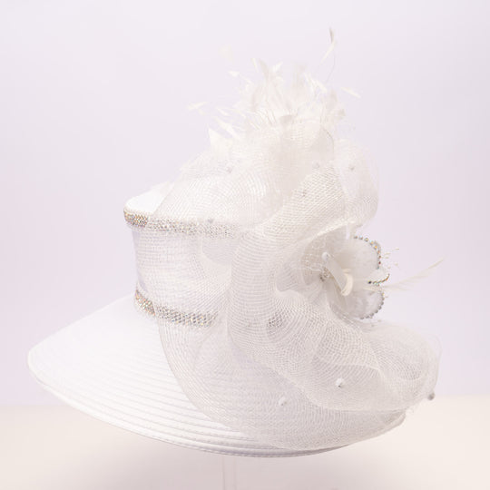 White satin sailor hat with large mesh crinoline bow, crystal accents, rhinestone band, and wide brim